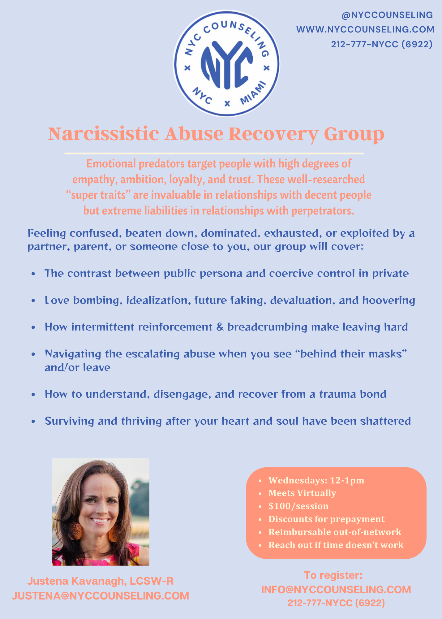 Virtual (Online) Therapy Group for Narcissistic Abuse Recovery offered by NYC Counseling.